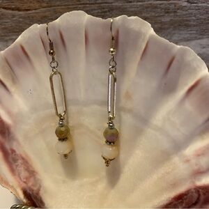 Beaded geometric dangle fish hook earrings artisan handmade champagne neutral